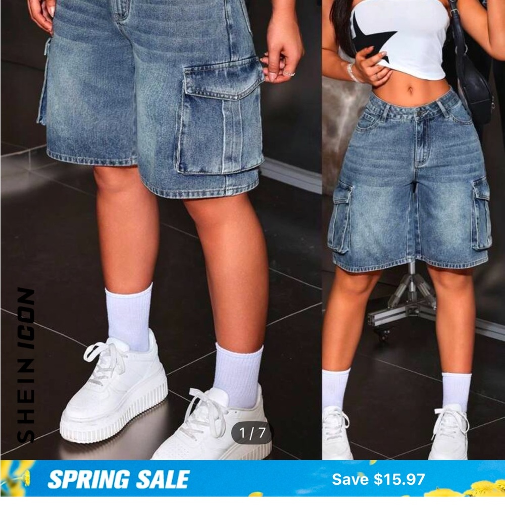 SHEIN Women's Blue Denim Cargo Shorts